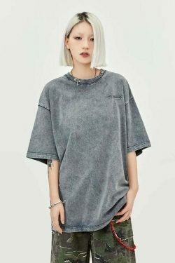 Y2K Acid Wash Collar T-Shirt - Coquette Aesthetic Grunge Style