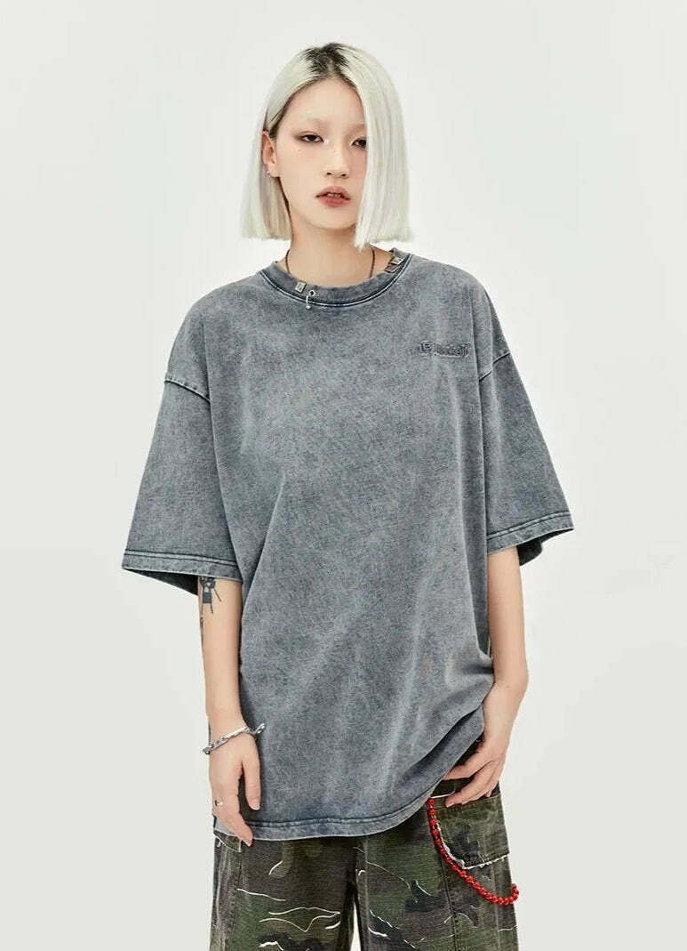 Y2K Acid Wash Collar T-Shirt - Coquette Aesthetic Grunge Style Y2K Acid Wash Collar T-Shirt - Coquette Aesthetic Grunge Style