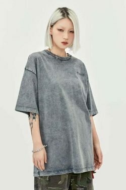 Y2K Acid Wash Collar T-Shirt - Coquette Aesthetic Grunge Style