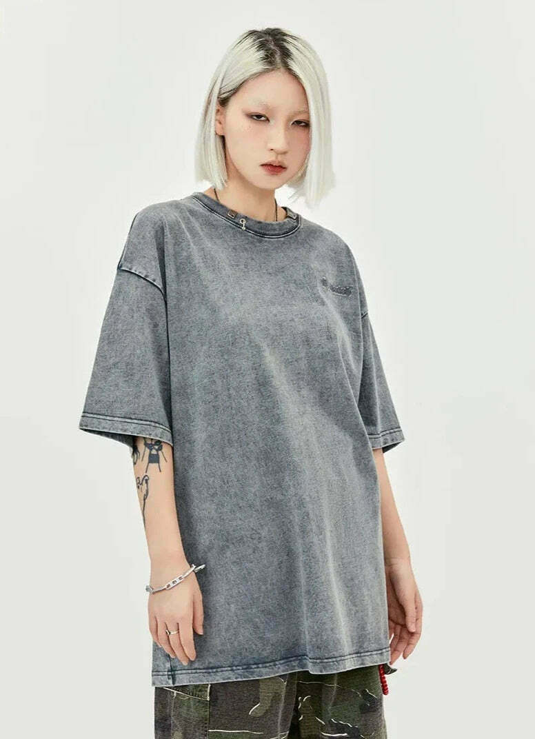 Y2K Acid Wash Collar T-Shirt - Coquette Aesthetic Grunge Style Y2K Acid Wash Collar T-Shirt - Coquette Aesthetic Grunge Style