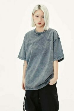 Y2K Acid Wash Collar T-Shirt - Coquette Aesthetic Grunge Style