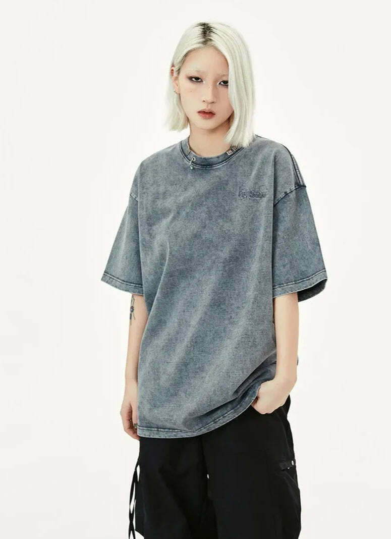 Y2K Acid Wash Collar T-Shirt - Coquette Aesthetic Grunge Style Y2K Acid Wash Collar T-Shirt - Coquette Aesthetic Grunge Style