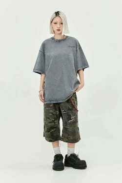 Y2K Acid Wash Collar T-Shirt - Coquette Aesthetic Grunge Style