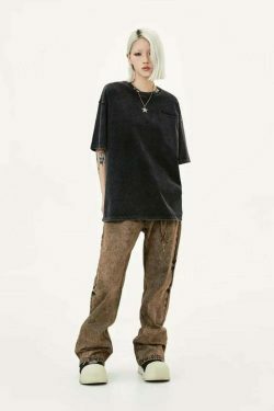 Y2K Acid Wash Collar T-Shirt - Coquette Aesthetic Grunge Style