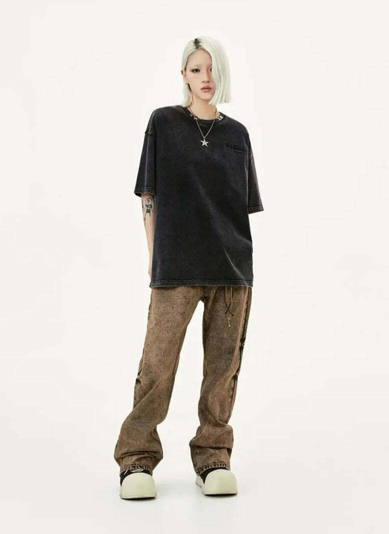 Y2K Acid Wash Collar T-Shirt - Coquette Aesthetic Grunge Style Y2K Acid Wash Collar T-Shirt - Coquette Aesthetic Grunge Style