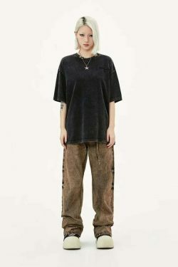 Y2K Acid Wash Collar T-Shirt - Coquette Aesthetic Grunge Style