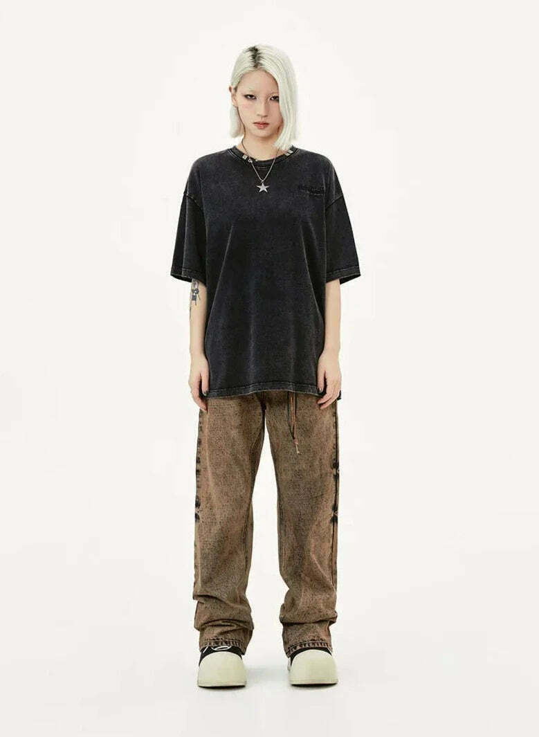 Y2K Acid Wash Collar T-Shirt - Coquette Aesthetic Grunge Style Y2K Acid Wash Collar T-Shirt - Coquette Aesthetic Grunge Style