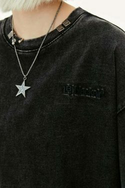 Y2K Acid Wash Collar T-Shirt - Coquette Aesthetic Grunge Style