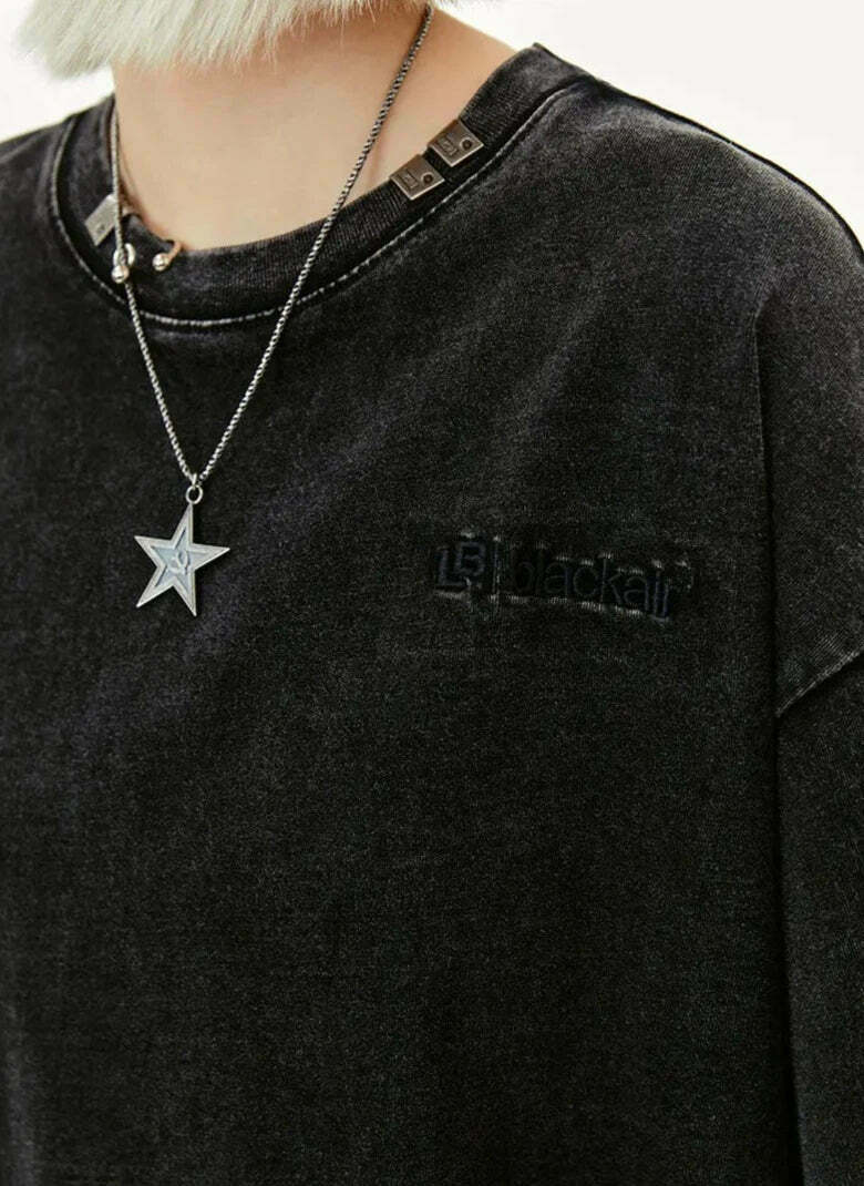 Y2K Acid Wash Collar T-Shirt - Coquette Aesthetic Grunge Style Y2K Acid Wash Collar T-Shirt - Coquette Aesthetic Grunge Style