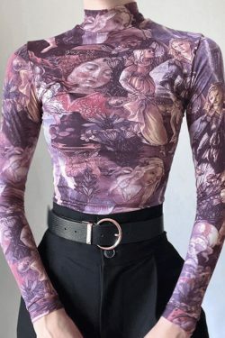 Y2K Aesthetic All Over Print Mock Neck Long Sleeve Tee for Women - Coquette & Grunge Style Fashion