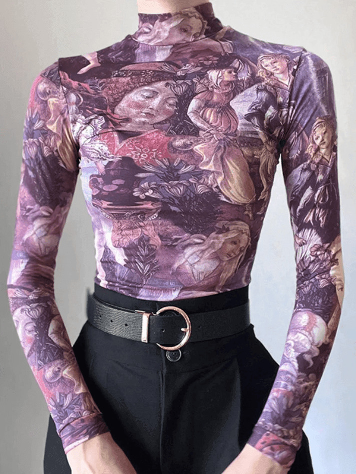 Y2K Aesthetic All Over Print Mock Neck Long Sleeve Tee for Women - Coquette & Grunge Style Fashion Y2K Aesthetic All Over Print Mock Neck Long Sleeve Tee for Women - Coquette & Grunge Style Fashion