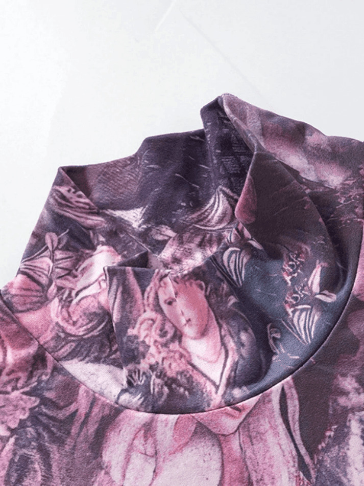 Y2K Aesthetic All Over Print Mock Neck Long Sleeve Tee for Women - Coquette & Grunge Style Fashion Y2K Aesthetic All Over Print Mock Neck Long Sleeve Tee for Women - Coquette & Grunge Style Fashion