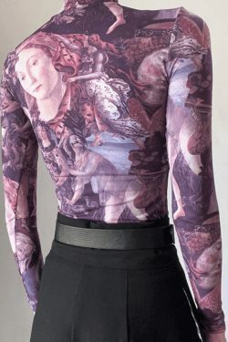 Y2K Aesthetic All Over Print Mock Neck Long Sleeve Tee for Women - Coquette & Grunge Style Fashion