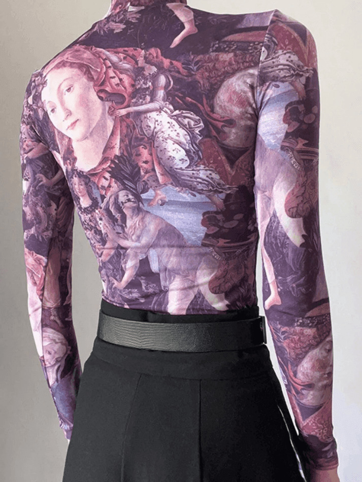 Y2K Aesthetic All Over Print Mock Neck Long Sleeve Tee for Women - Coquette & Grunge Style Fashion Y2K Aesthetic All Over Print Mock Neck Long Sleeve Tee for Women - Coquette & Grunge Style Fashion