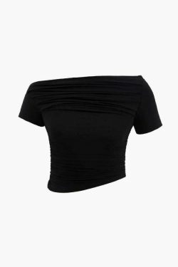 Y2K Aesthetic Asymmetric Ruched Front T-Shirt for Women - Coquette & Grunge Style Tops