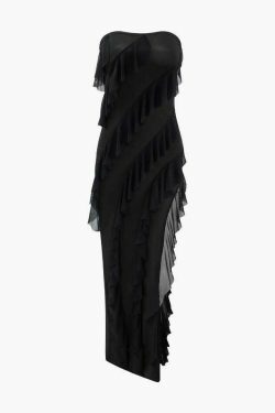 Y2K Aesthetic Asymmetric Ruffle Maxi Dress for Women - Coquette & Grunge Style Fashion