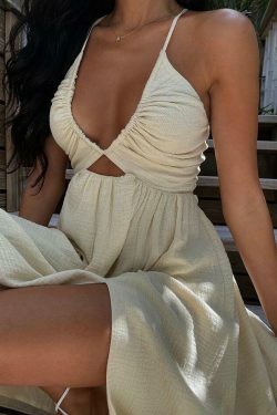 Y2K Aesthetic Backless Criss Cross Split Midi Dress for Women - Coquette Style Grunge Fashion