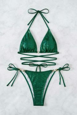 Y2K Aesthetic Backless Halter Beach Bikini - Coquette Grunge Fashion