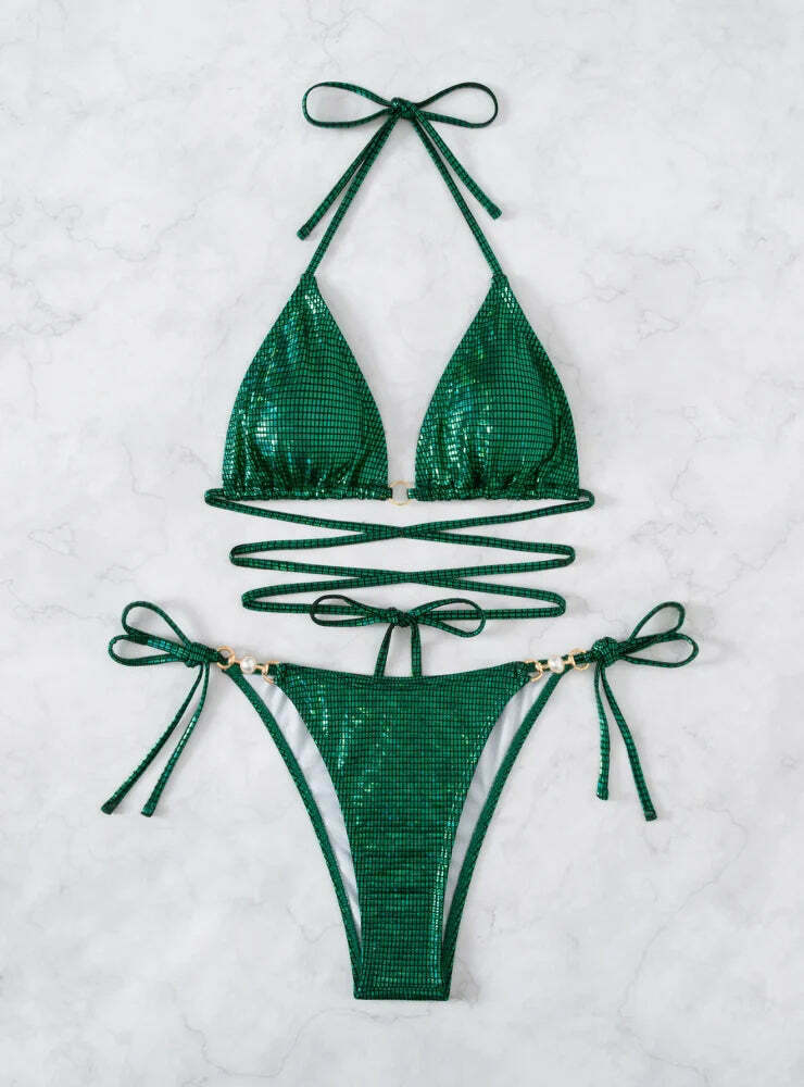 Y2K Aesthetic Backless Halter Beach Bikini - Coquette Grunge Fashion Y2K Aesthetic Backless Halter Beach Bikini - Coquette Grunge Fashion