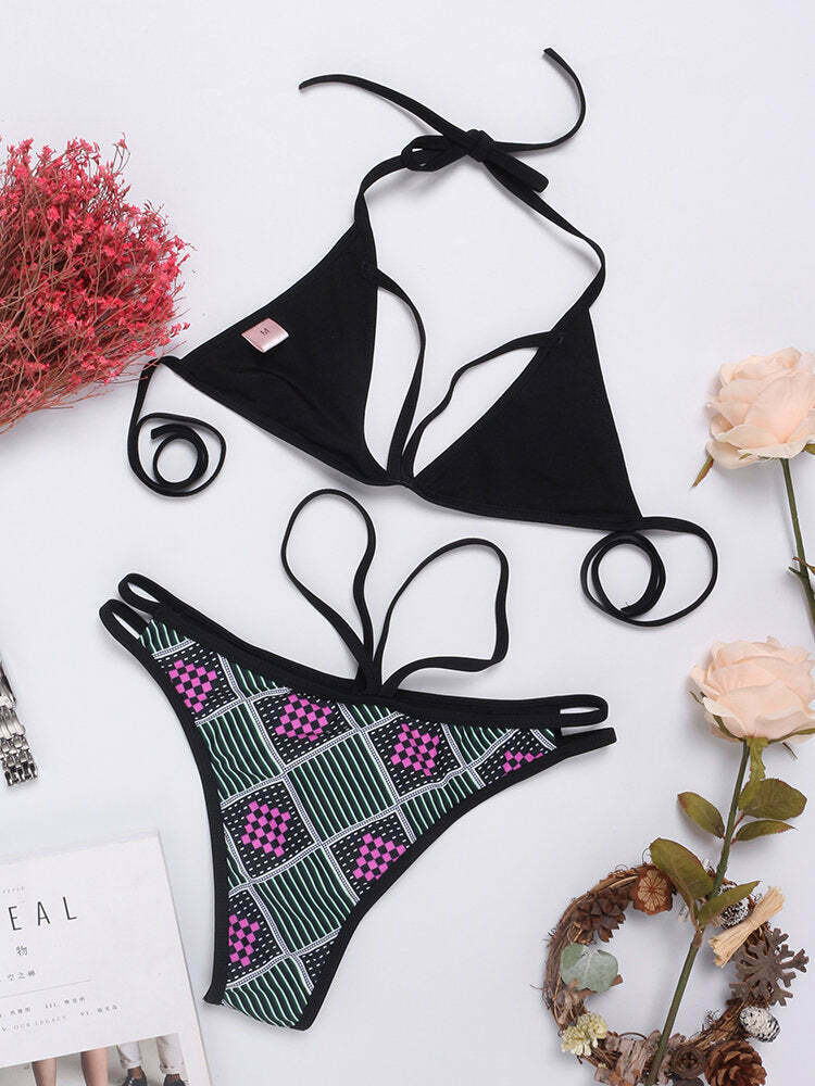 Y2K Aesthetic Backless Halter Buttoning Swimsuit - Coquette Style, Gr Y2K Aesthetic Backless Halter Buttoning Swimsuit - Coquette Style, Gr