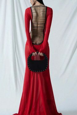 Y2K Aesthetic Backless Strappy Long-Sleeved Dress - Coquette Grunge Elegance