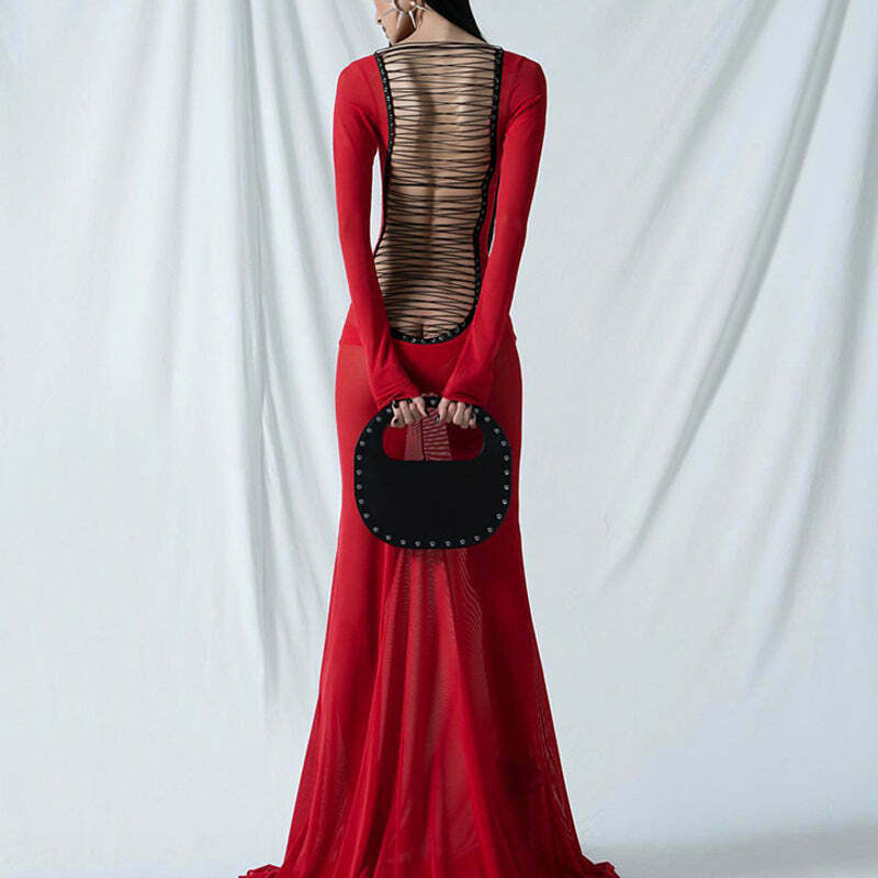 Y2K Aesthetic Backless Strappy Long-Sleeved Dress - Coquette Grunge Elegance Y2K Aesthetic Backless Strappy Long-Sleeved Dress - Coquette Grunge Elegance