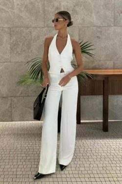 Y2K Aesthetic Backless Suspender Top Pants Suit - Coquette Grunge Fashion