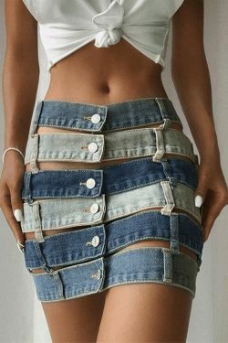 Y2K Aesthetic Bandage Cutout Denim Mini Skirt for Women - Coquette Style Grunge Fashion