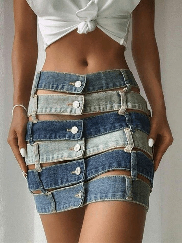 Y2K Aesthetic Bandage Cutout Denim Mini Skirt for Women - Coquette Style Grunge Fashion Y2K Aesthetic Bandage Cutout Denim Mini Skirt for Women - Coquette Style Grunge Fashion