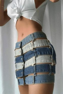 Y2K Aesthetic Bandage Cutout Denim Mini Skirt for Women - Coquette Style Grunge Fashion