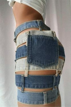 Y2K Aesthetic Bandage Cutout Denim Mini Skirt for Women - Coquette Style Grunge Fashion