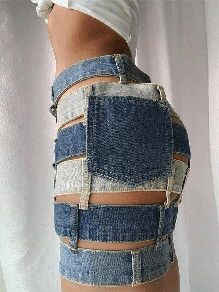 Y2K Aesthetic Bandage Cutout Denim Mini Skirt for Women - Coquette Style Grunge Fashion Y2K Aesthetic Bandage Cutout Denim Mini Skirt for Women - Coquette Style Grunge Fashion