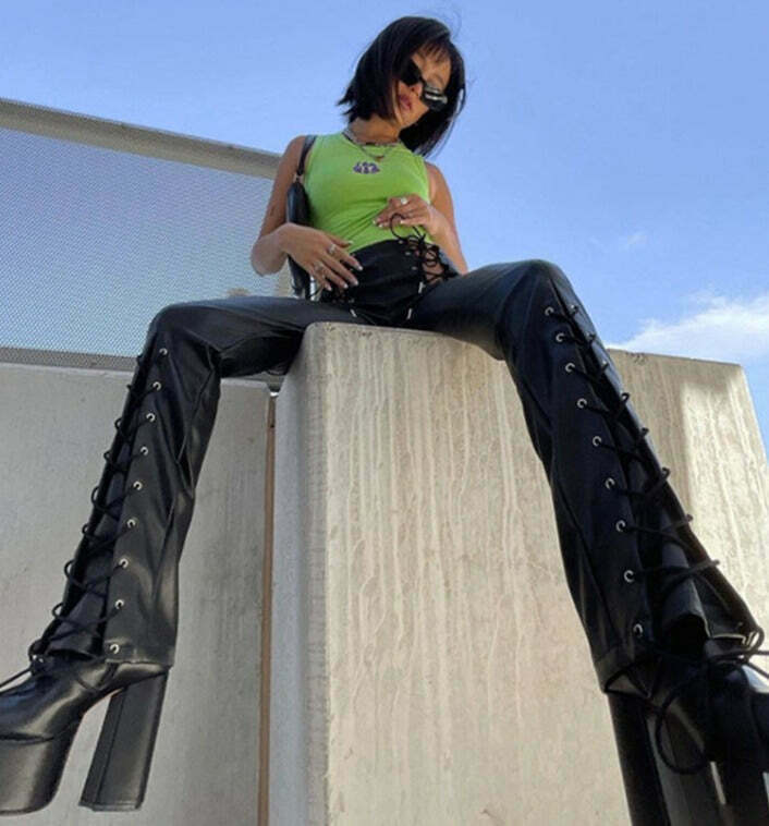 Y2K Aesthetic Bandage Slim PU Leather Pants for Women - Coquette Fashion Grunge Style