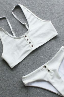 Y2K Aesthetic Black & White Ribbed Texture Bikini Set with Buttons - Coquette Style