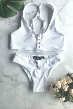 Y2K Aesthetic Black & White Ribbed Texture Bikini Set with Buttons - Coquette Style