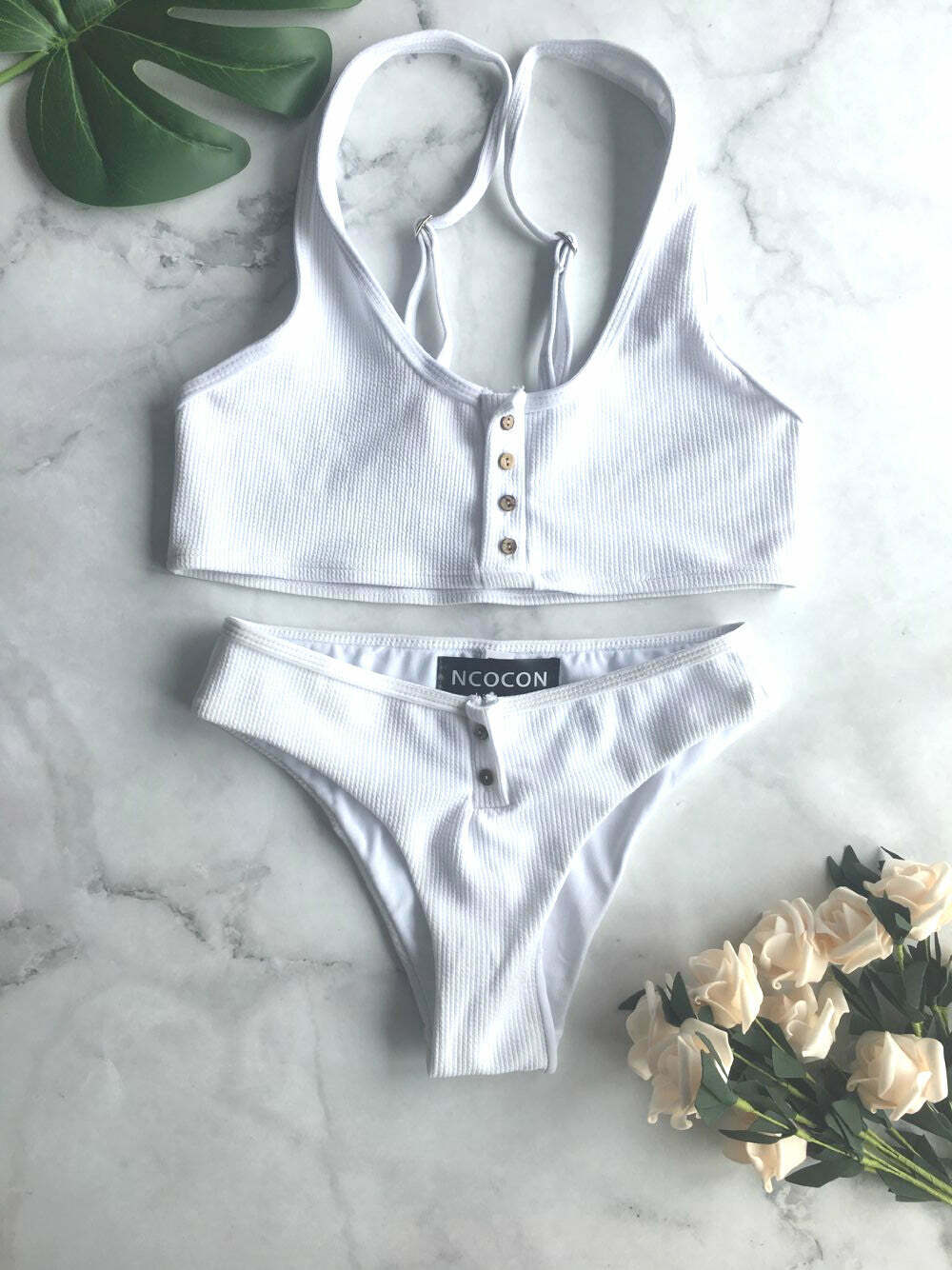 Y2K Aesthetic Black & White Ribbed Texture Bikini Set with Buttons - Coquette Style Y2K Aesthetic Black & White Ribbed Texture Bikini Set with Buttons - Coquette Style