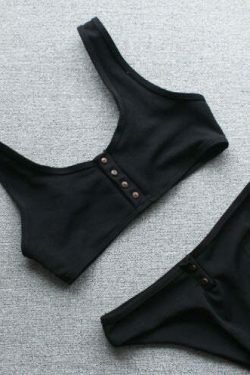 Y2K Aesthetic Black & White Ribbed Texture Bikini Set with Buttons - Coquette Style