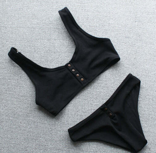 Y2K Aesthetic Black & White Ribbed Texture Bikini Set with Buttons - Coquette Style Y2K Aesthetic Black & White Ribbed Texture Bikini Set with Buttons - Coquette Style