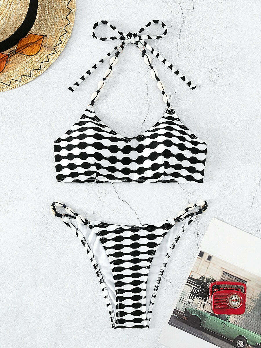 Y2K Aesthetic Black & White Shell Rope Bikini for Niche Women Fashion
