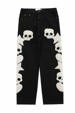 Y2K Aesthetic Black Air Skull and Star Applique Jeans - Coquette Grunge Fashion for Women