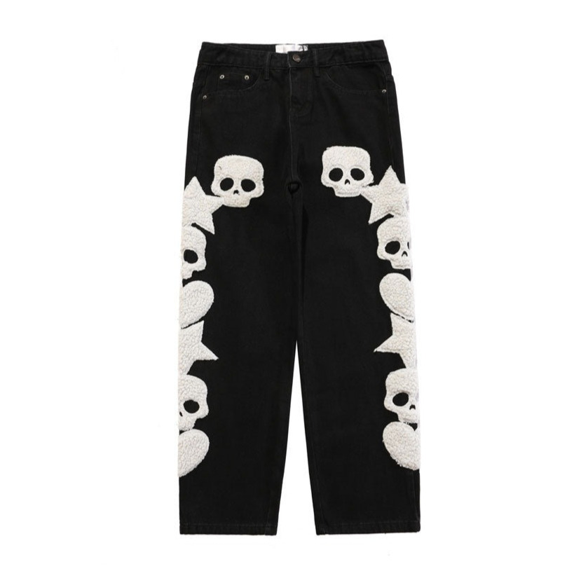Y2K Aesthetic Black Air Skull and Star Applique Jeans - Coquette Grunge Fashion for Women