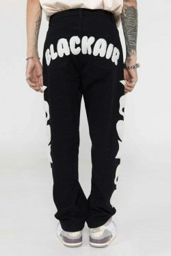 Y2K Aesthetic Black Air Skull and Star Applique Jeans - Coquette Grunge Fashion for Women
