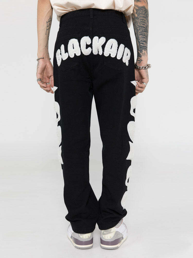 Y2K Aesthetic Black Air Skull and Star Applique Jeans - Coquette Grunge Fashion for Women