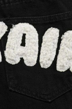 Y2K Aesthetic Black Air Skull and Star Applique Jeans - Coquette Grunge Fashion for Women