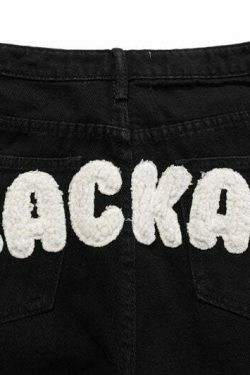 Y2K Aesthetic Black Air Skull and Star Applique Jeans - Coquette Grunge Fashion for Women