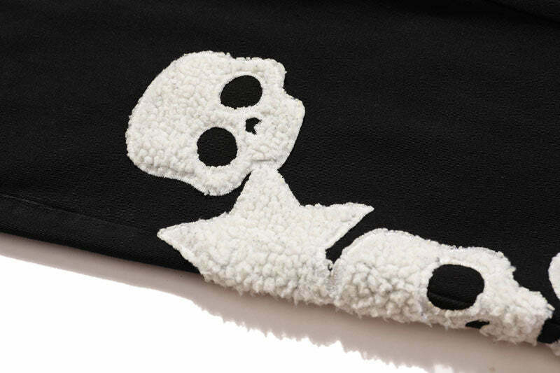 Y2K Aesthetic Black Air Skull and Star Applique Jeans - Coquette Grunge Fashion for Women