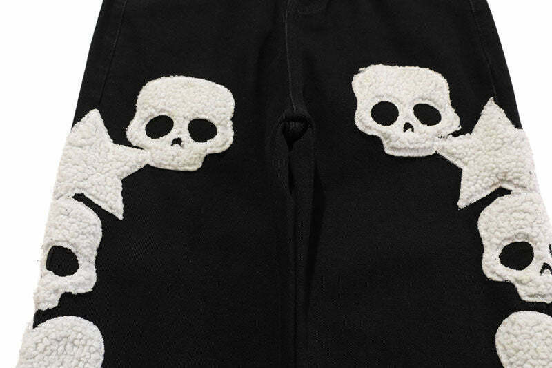 Y2K Aesthetic Black Air Skull and Star Applique Jeans - Coquette Grunge Fashion for Women