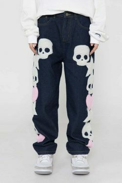 Y2K Aesthetic Black Air Skull and Star Applique Jeans - Coquette Grunge Fashion for Women