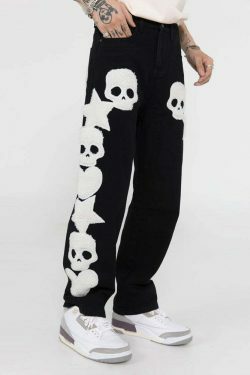 Y2K Aesthetic Black Air Skull and Star Applique Jeans - Coquette Grunge Fashion for Women