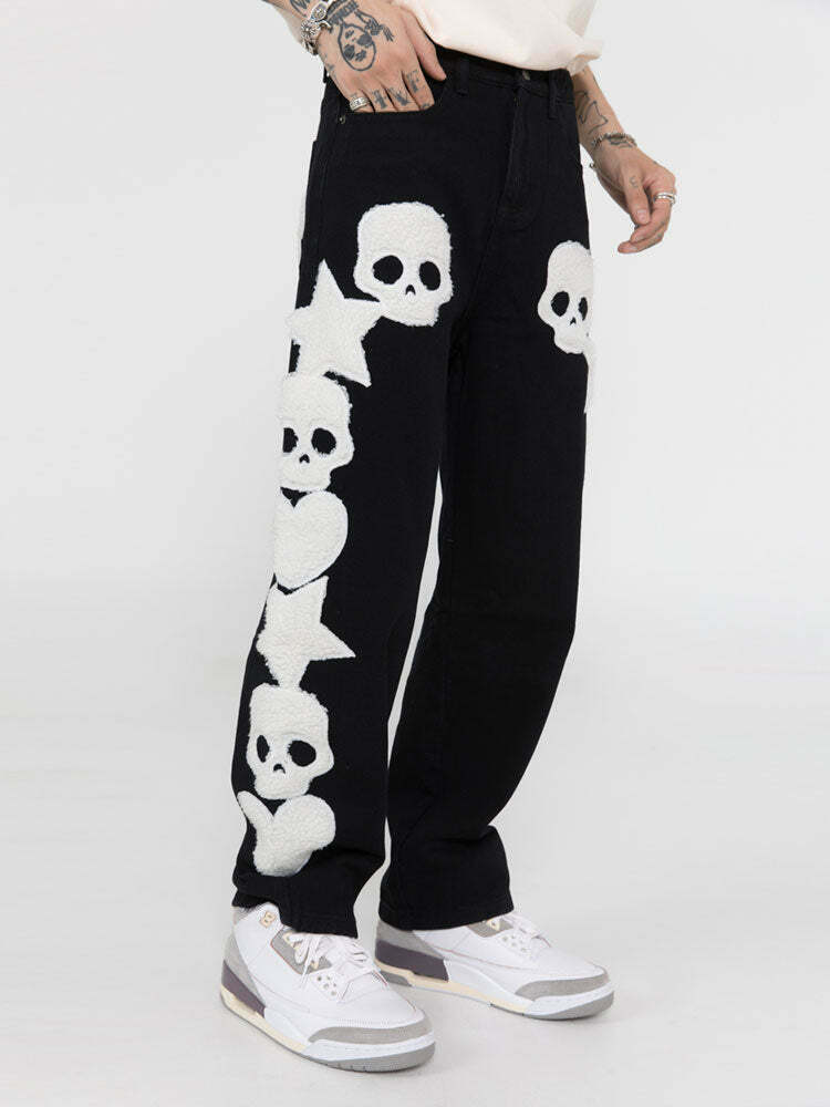 Y2K Aesthetic Black Air Skull and Star Applique Jeans - Coquette Grunge Fashion for Women